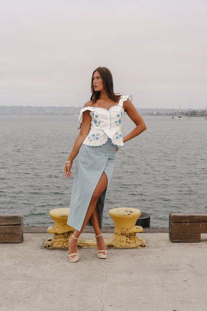 Pandora High Waist Double Breasted Denim Midi Skirt Medium Wash