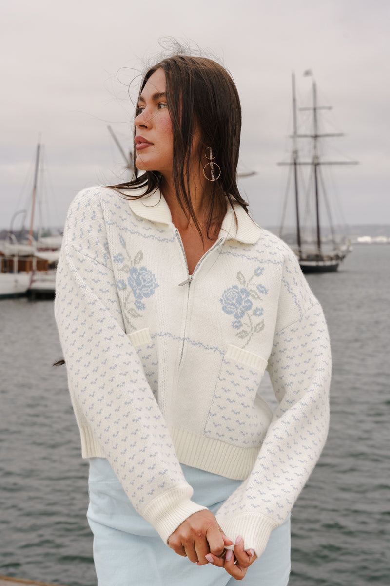 Daisy Long Sleeve Zip Up Floral Print Knit Jacket Blue