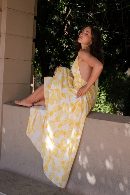 Yvette Sleeveless Halter Open Back Fruit Print Maxi Dress Yellow