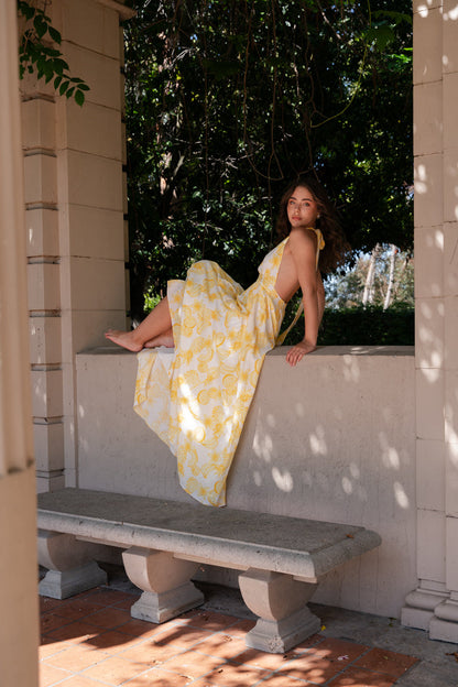 Yvette Sleeveless Halter Open Back Fruit Print Maxi Dress Yellow