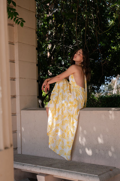 Yvette Sleeveless Halter Open Back Fruit Print Maxi Dress Yellow
