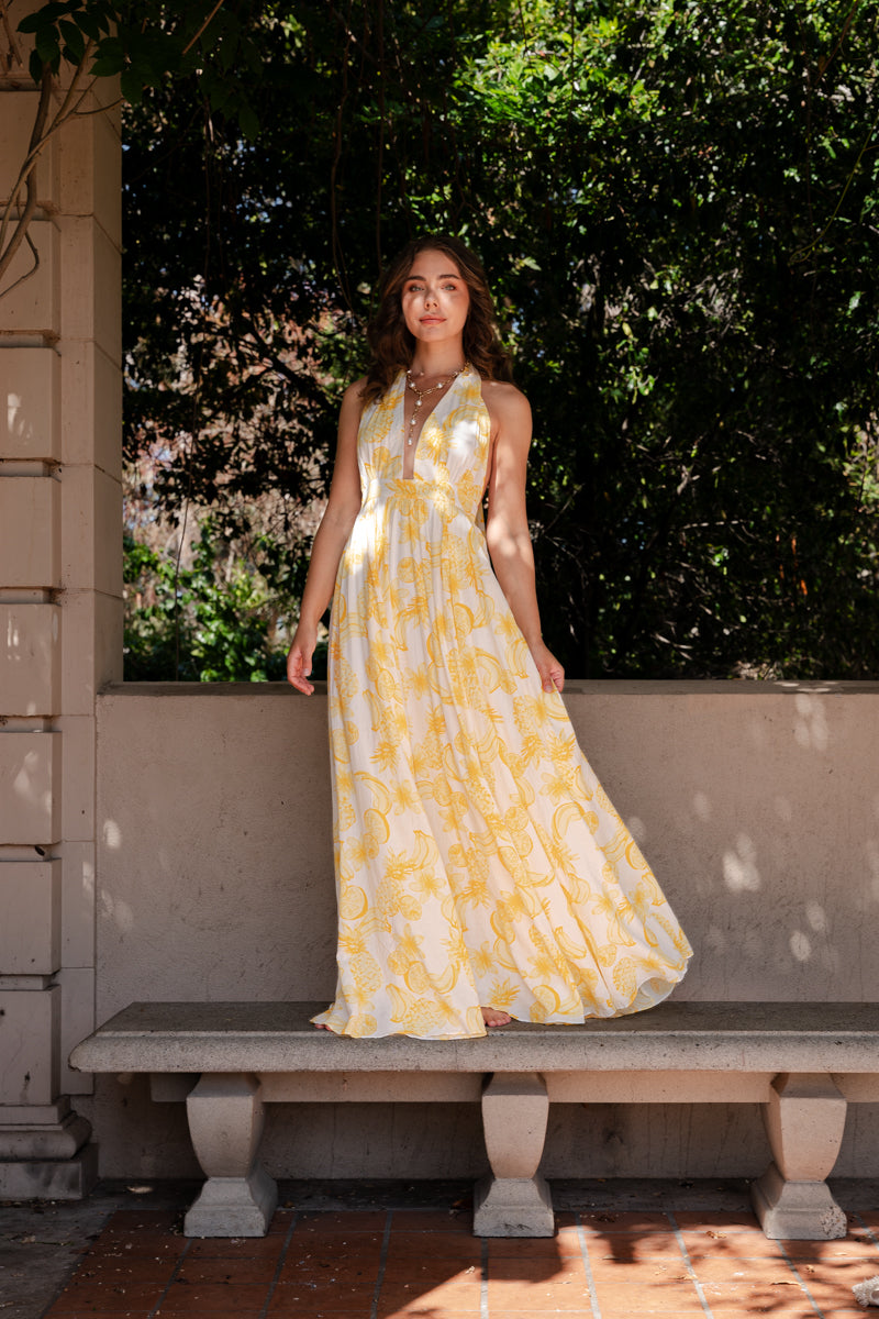 Yvette Sleeveless Halter Open Back Fruit Print Maxi Dress Yellow