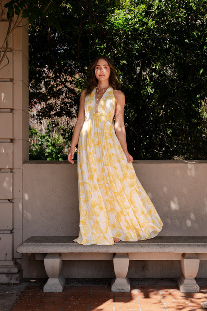 Yvette Sleeveless Halter Open Back Fruit Print Maxi Dress Yellow