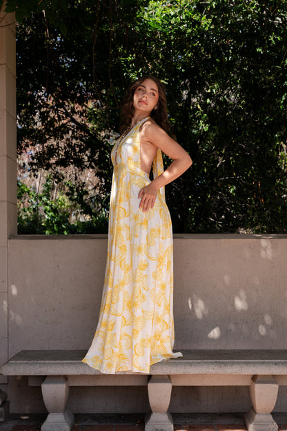 Yvette Sleeveless Halter Open Back Fruit Print Maxi Dress Yellow