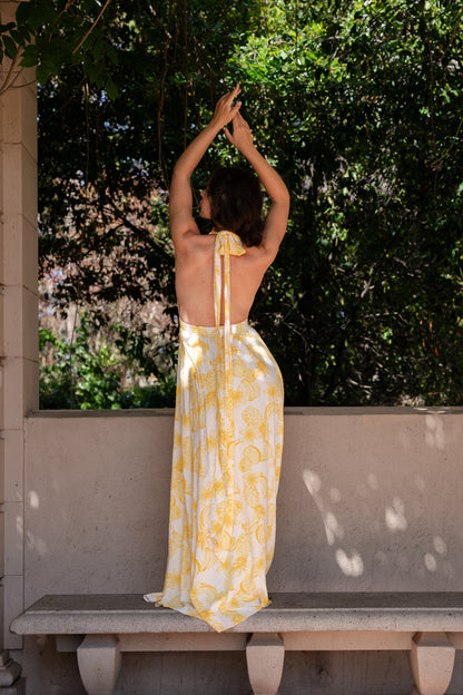 Yvette Sleeveless Halter Open Back Fruit Print Maxi Dress Yellow