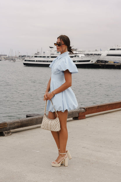 Queenie Short Bubble Sleeve Zip Up Mini Dress Blue