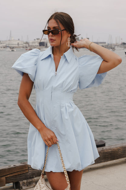 Queenie Short Bubble Sleeve Zip Up Mini Dress Blue