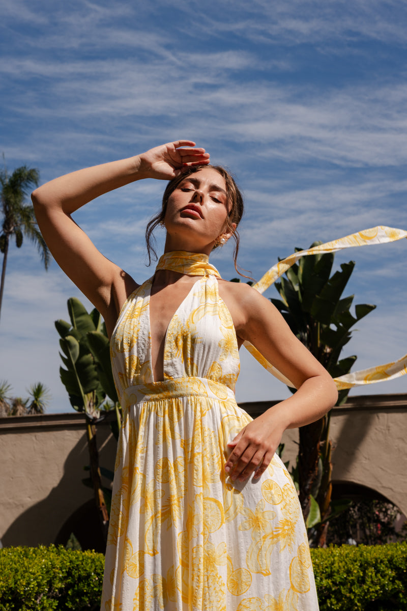 Yvette Sleeveless Halter Open Back Fruit Print Maxi Dress Yellow