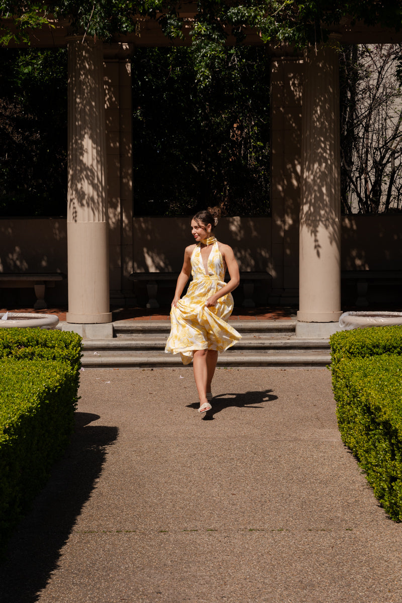 Yvette Sleeveless Halter Open Back Fruit Print Maxi Dress Yellow