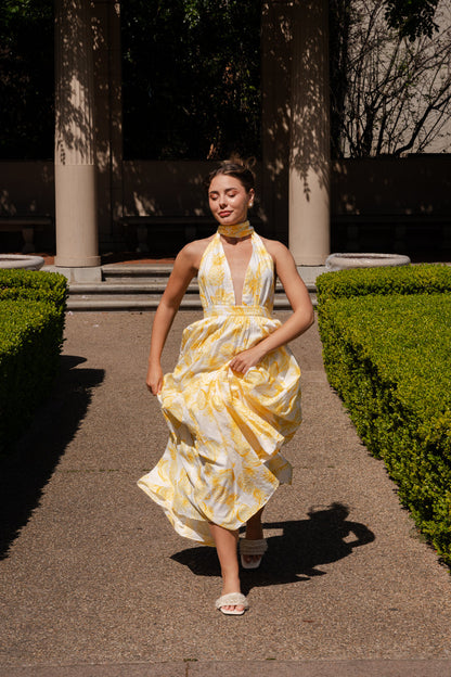 Yvette Sleeveless Halter Open Back Fruit Print Maxi Dress Yellow