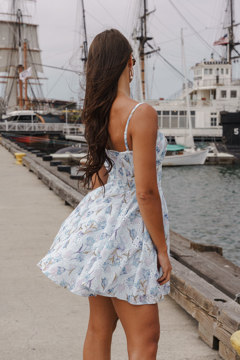 Daphne Sleeveless Eyelet Dreamy Floral Print Mini Dress Blue