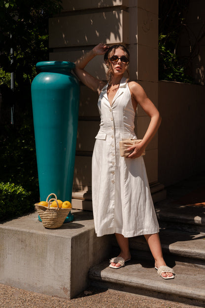Nadine Sleeveless Halter Button Down Open Back Midi Dress White