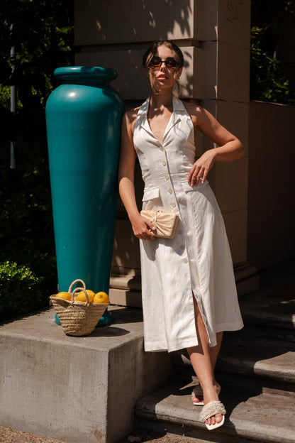 Nadine Sleeveless Halter Button Down Open Back Midi Dress White