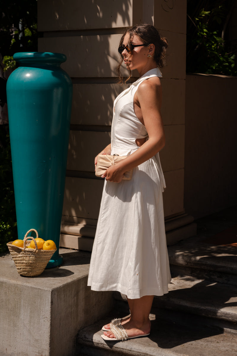 Nadine Sleeveless Halter Button Down Open Back Midi Dress White