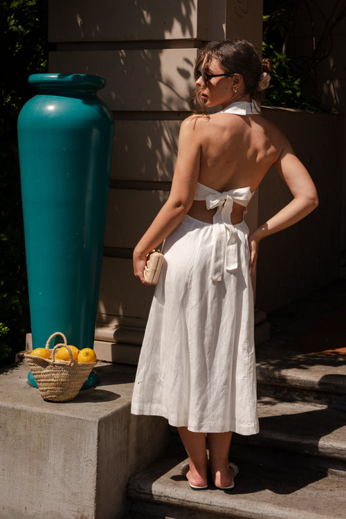 Nadine Sleeveless Halter Button Down Open Back Midi Dress White