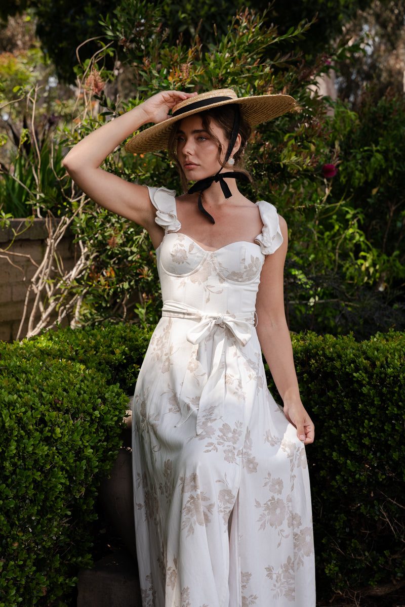 Lizette Flutter Sleeve Floral Print Waist Tie Maxi Dress White