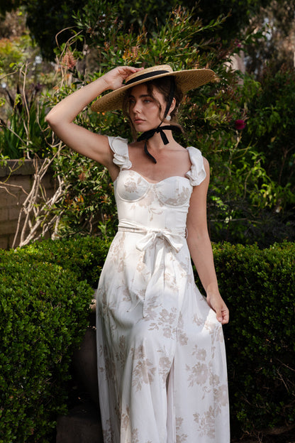 Lizette Flutter Sleeve Floral Print Waist Tie Maxi Dress White