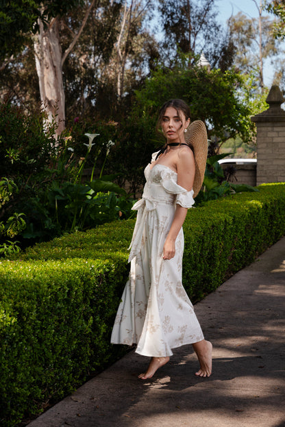 Lizette Flutter Sleeve Floral Print Waist Tie Maxi Dress White