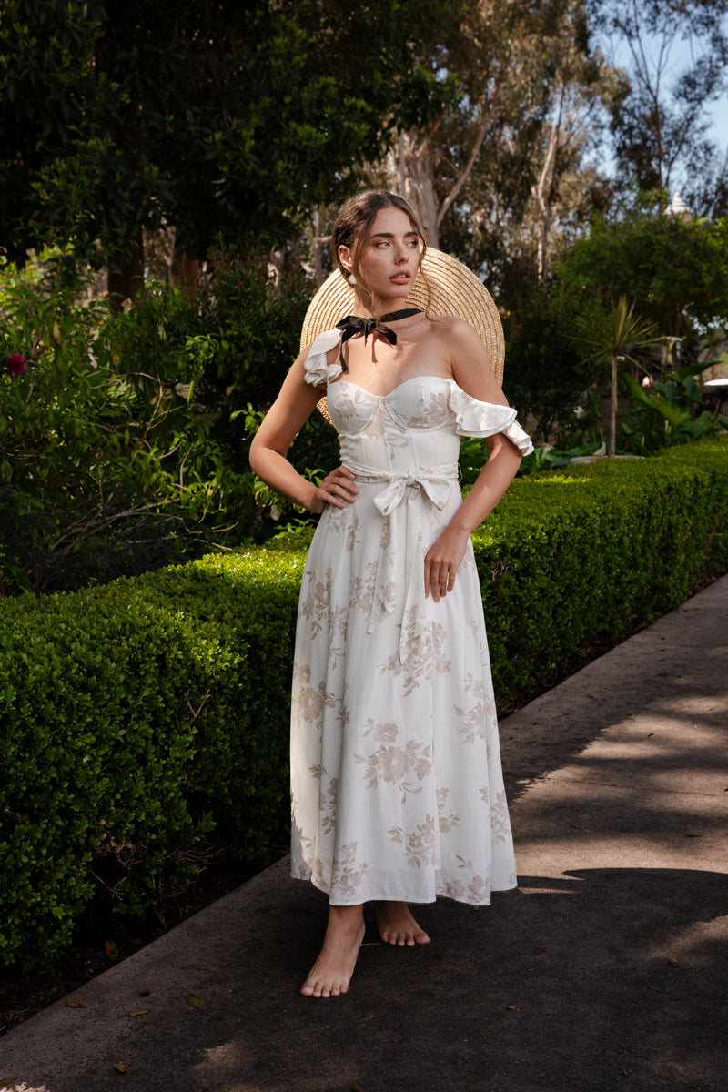 Lizette Flutter Sleeve Floral Print Waist Tie Maxi Dress White