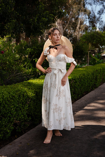 Lizette Flutter Sleeve Floral Print Waist Tie Maxi Dress White