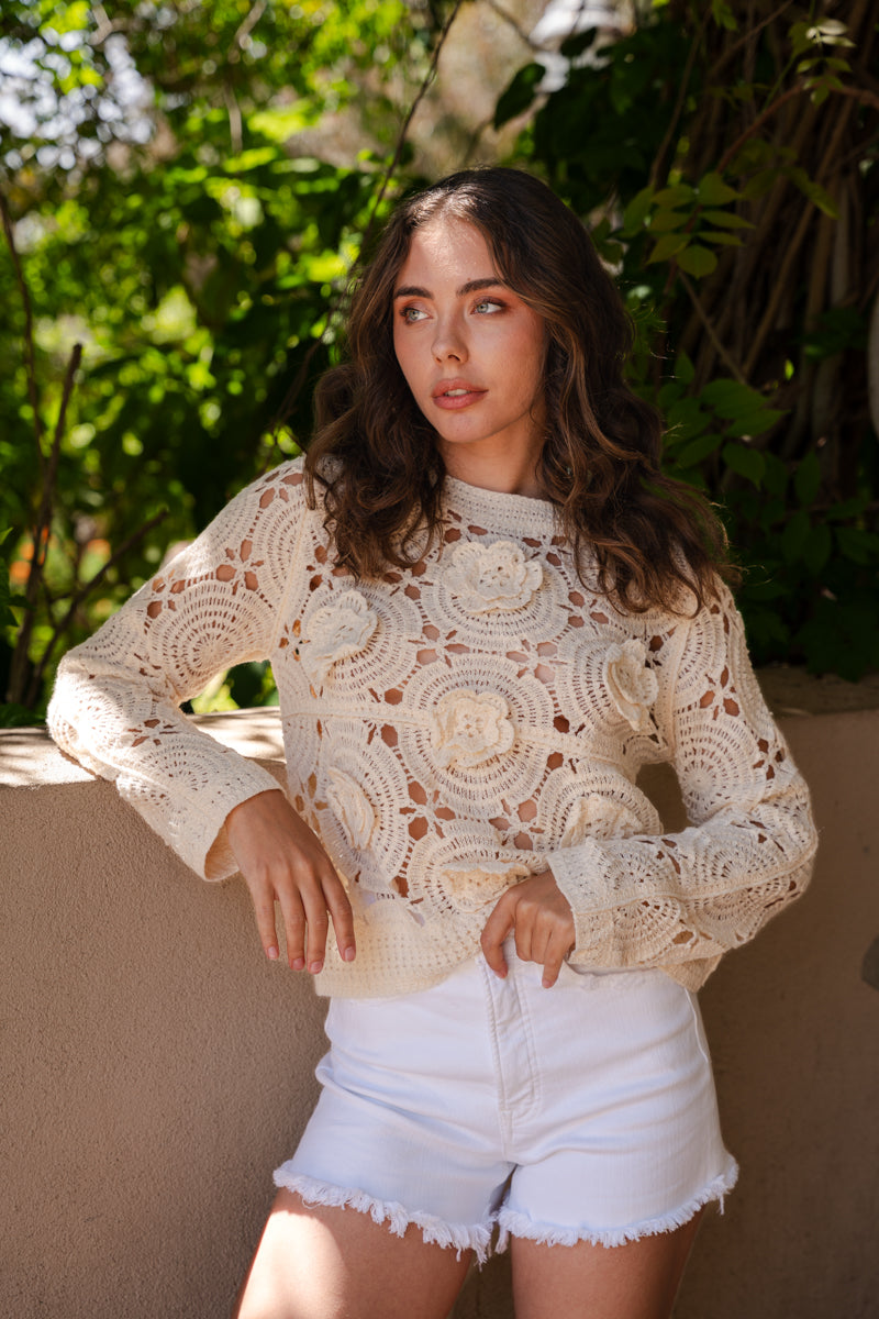 Doreen Long Sleeve 3D Floral Crochet Knit Top Natural