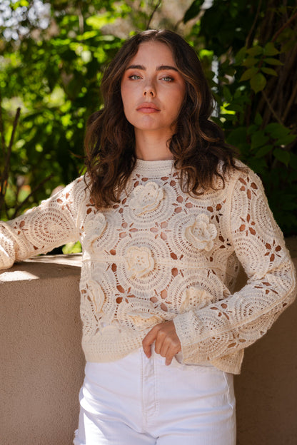 Doreen Long Sleeve 3D Floral Crochet Knit Top Natural