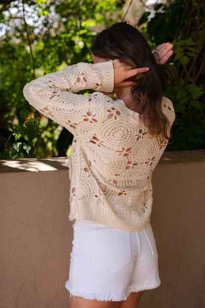 Doreen Long Sleeve 3D Floral Crochet Knit Top Natural
