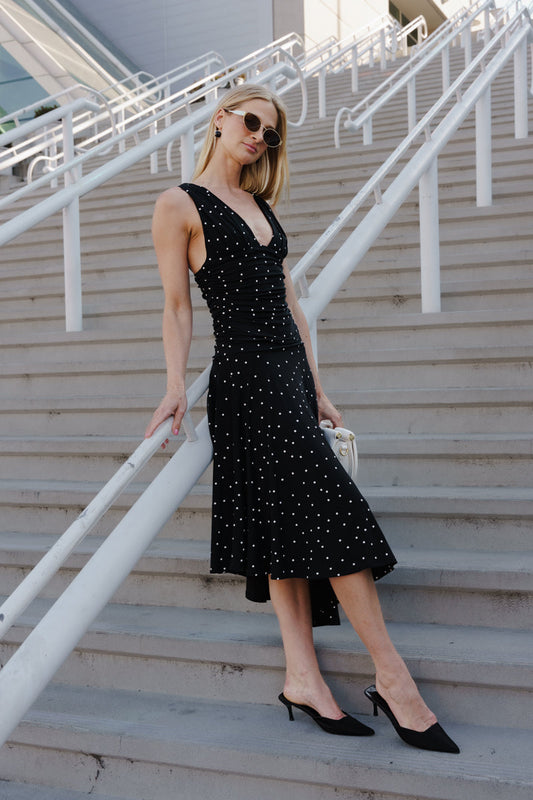 Pippa Sleeveless Asymmetrical Polka Dot Print Midi Dress Black
