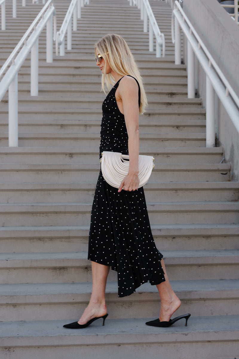 Pippa Sleeveless Asymmetrical Polka Dot Print Midi Dress Black