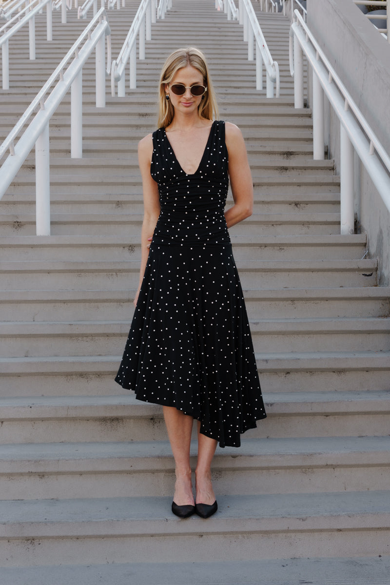 Pippa Sleeveless Asymmetrical Polka Dot Print Midi Dress Black