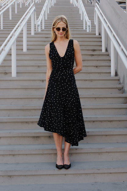 Pippa Sleeveless Asymmetrical Polka Dot Print Midi Dress Black