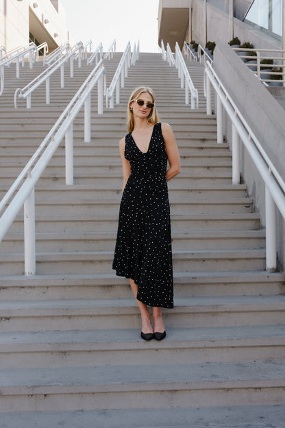 Pippa Sleeveless Asymmetrical Polka Dot Print Midi Dress Black