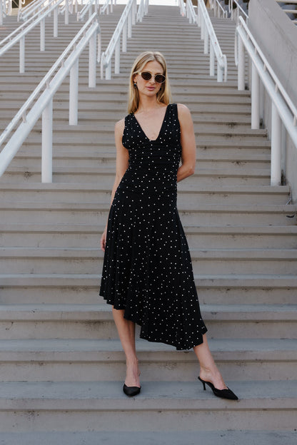 Pippa Sleeveless Asymmetrical Polka Dot Print Midi Dress Black