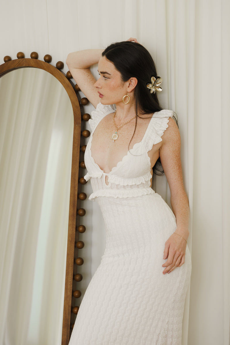 Dakota Sleeveless Open Back Textured Midi Dress White