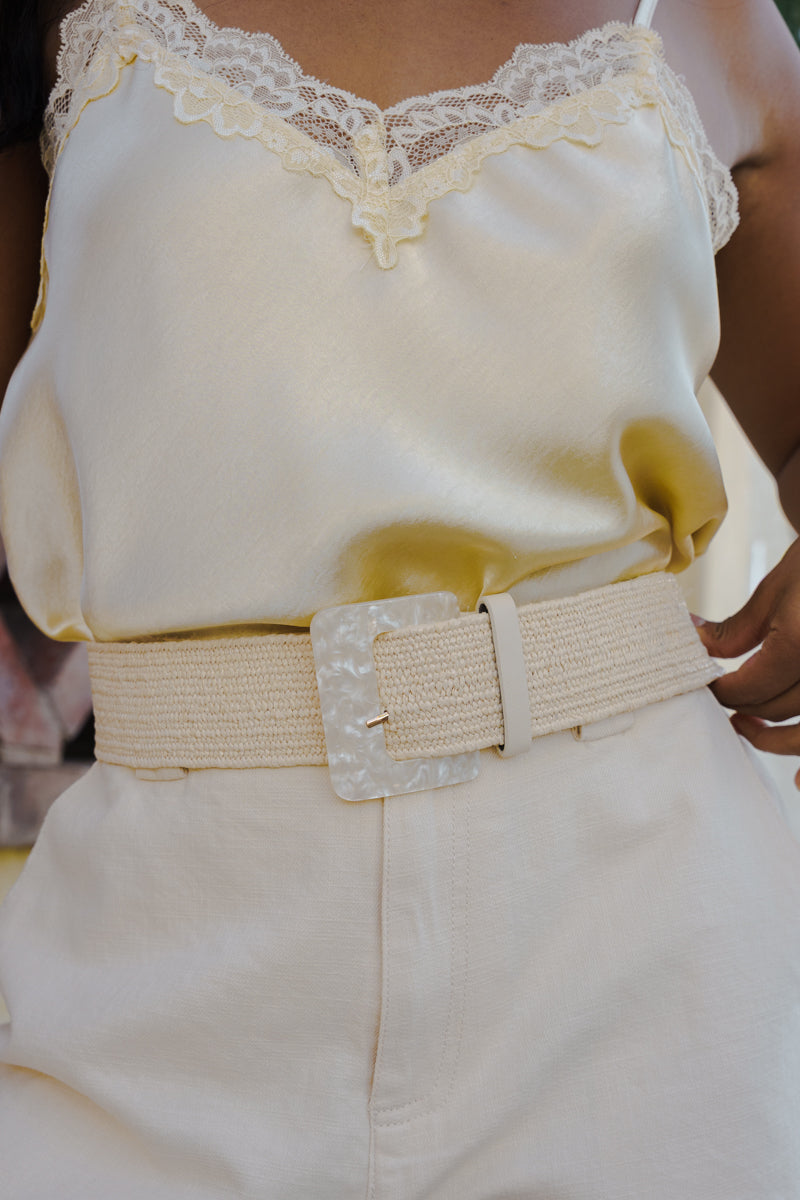 Savannah Large Square Marbled Buckle Straw Belt Beige