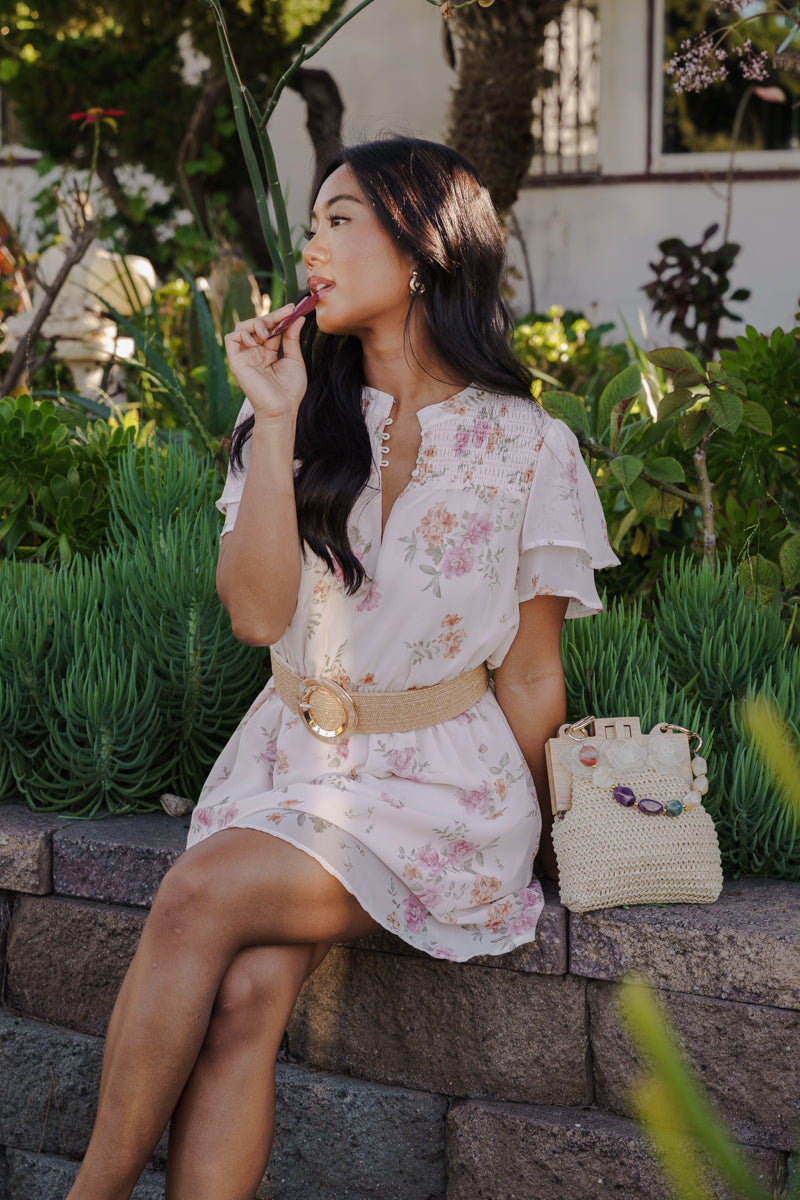 Evangeline Gold Circular Buckle Straw Waist Belt Taupe