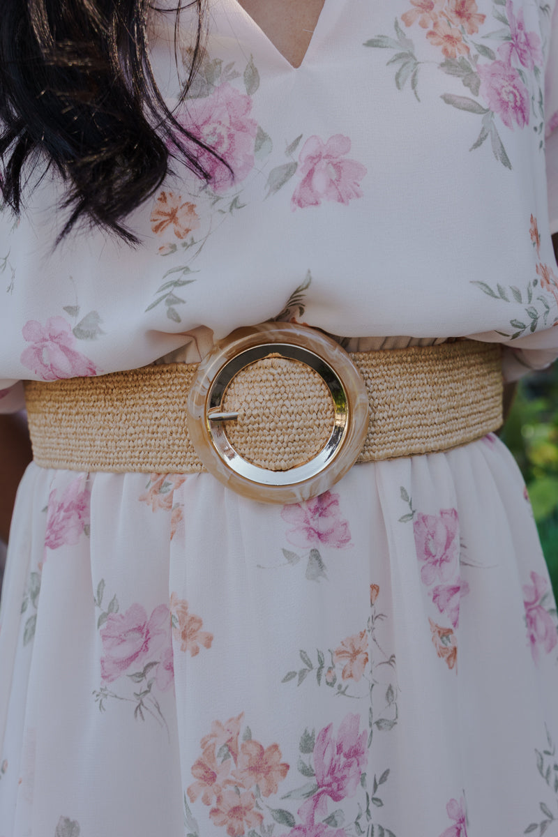 Evangeline Gold Circular Buckle Straw Waist Belt Taupe