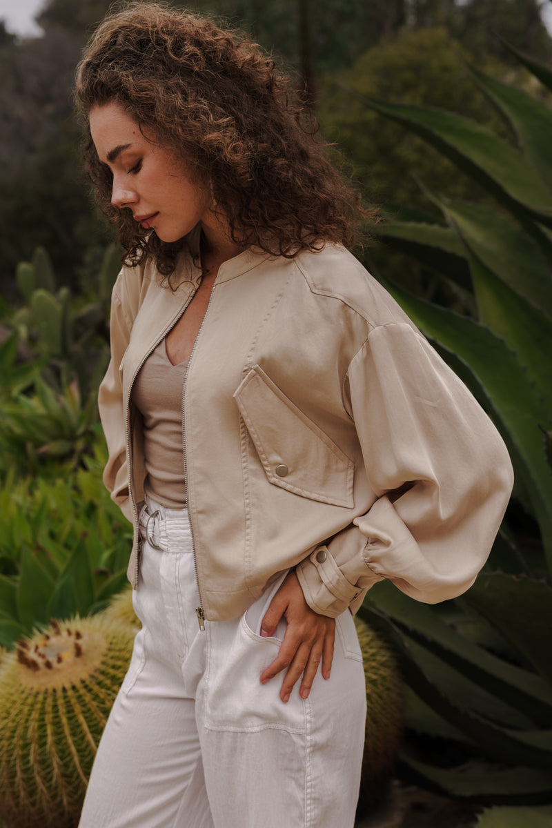 Kendall Long Balloon Sleeve Bomber Jacket Taupe