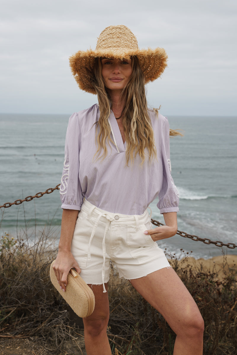 Dolly 3/4 Sleeve Embroidered Abstract Top Lilac