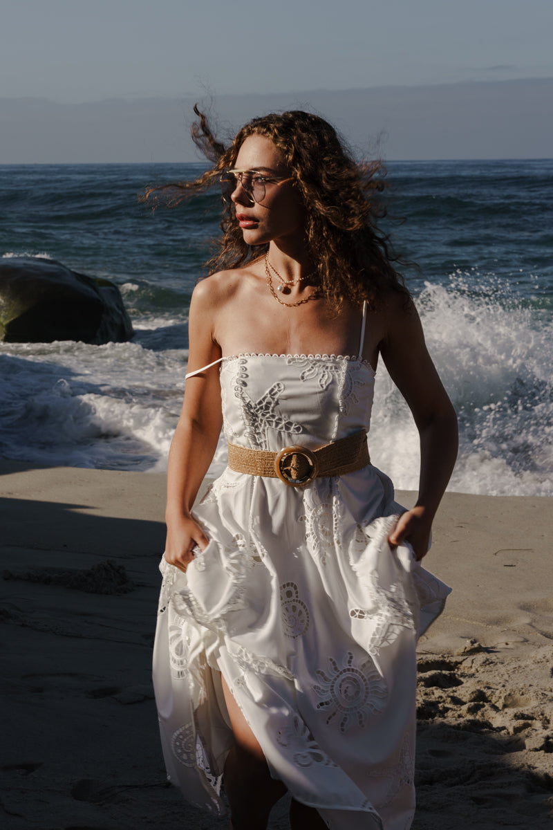 Evangeline Gold Circular Buckle Straw Waist Belt Taupe