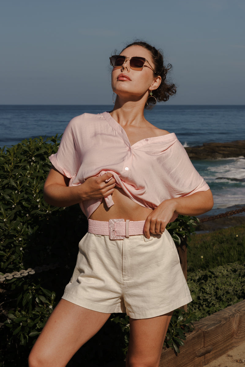 Callie Short Sleeve Button Down Top Pink