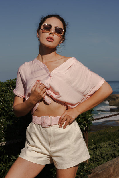 Callie Short Sleeve Button Down Top Pink