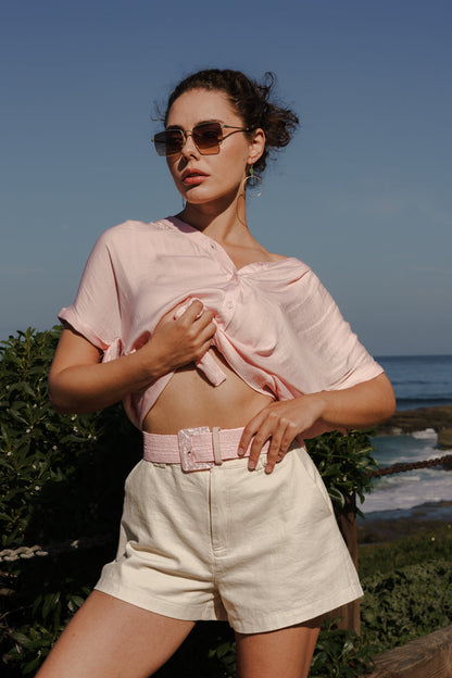 Callie Short Sleeve Button Down Top Pink