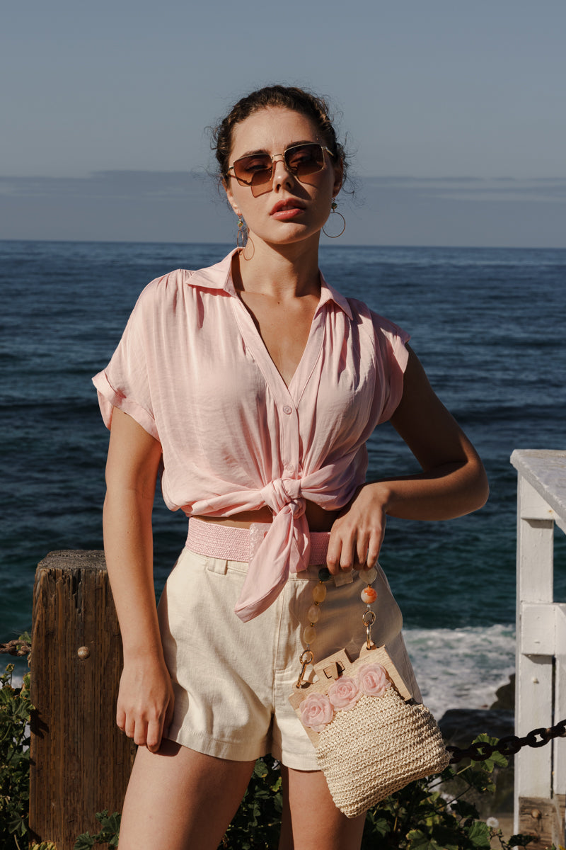 Callie Short Sleeve Button Down Top Pink