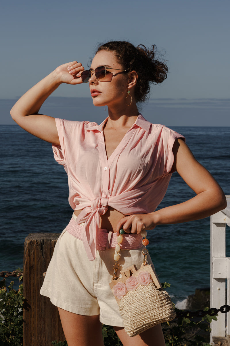Callie Short Sleeve Button Down Top Pink