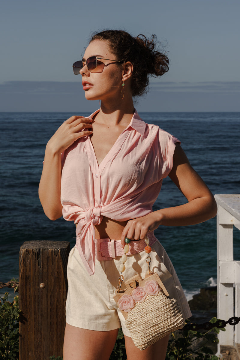 Callie Short Sleeve Button Down Top Pink