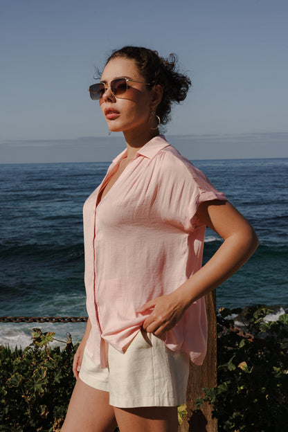 Callie Short Sleeve Button Down Top Pink