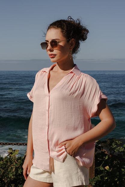 Callie Short Sleeve Button Down Top Pink