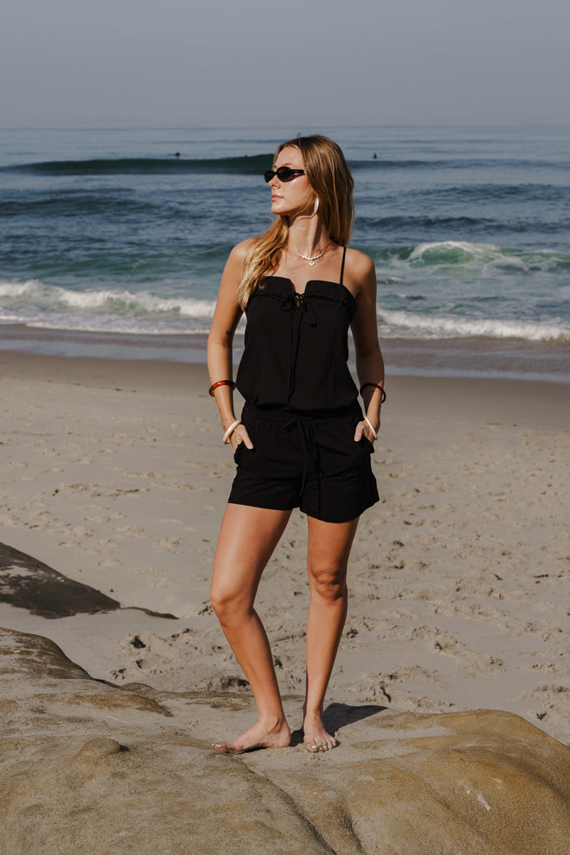 Marie Sleeveless Front Tie Tank Top Black