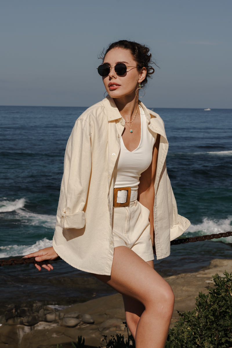 Corinne Large Wooden Rectangle Woven Belt White